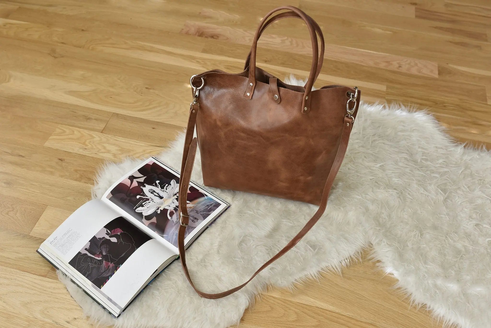 Paseo Leather Tote - Genuine Caramel Leather with Removable Strap - Sierra Leather Co.