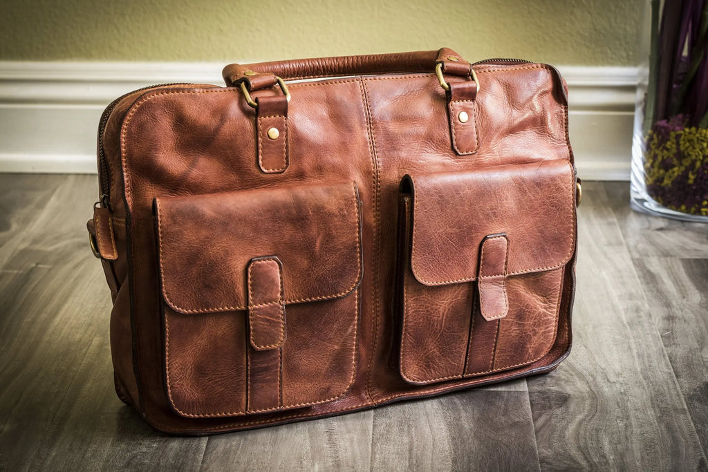 Commuter Leather Briefcase - Washed Leather with Laptop Sleeve - Sierra Leather Co.