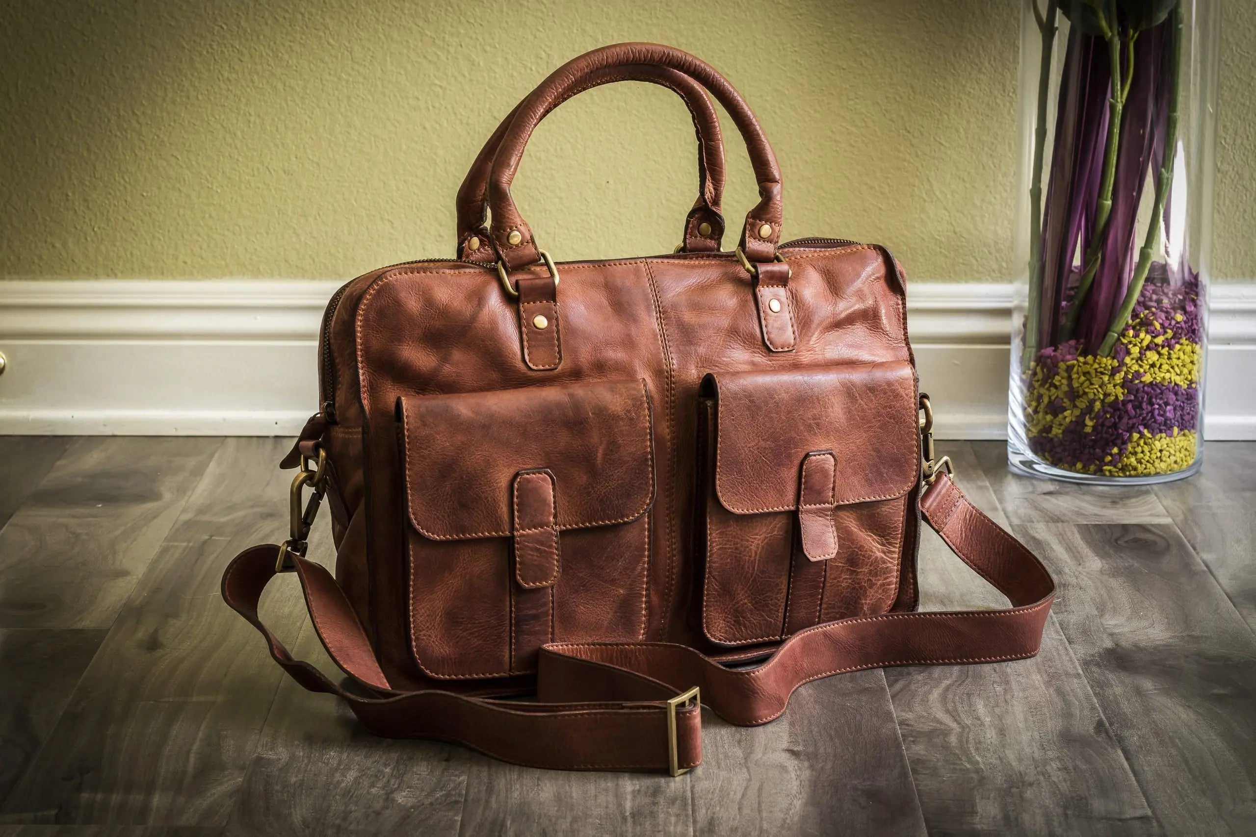 Commuter Leather Briefcase - Washed Leather with Laptop Sleeve - Sierra Leather Co.