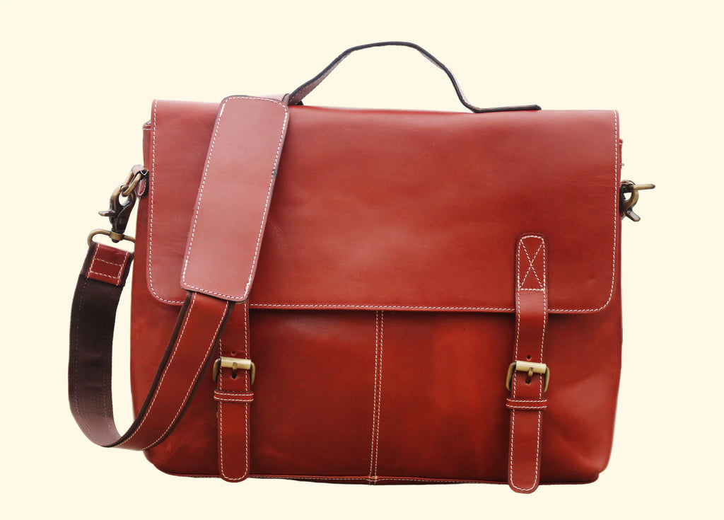 Handcrafted Leather Laptop Messenger Bag with Orange Handle - Sierra Leather Co.