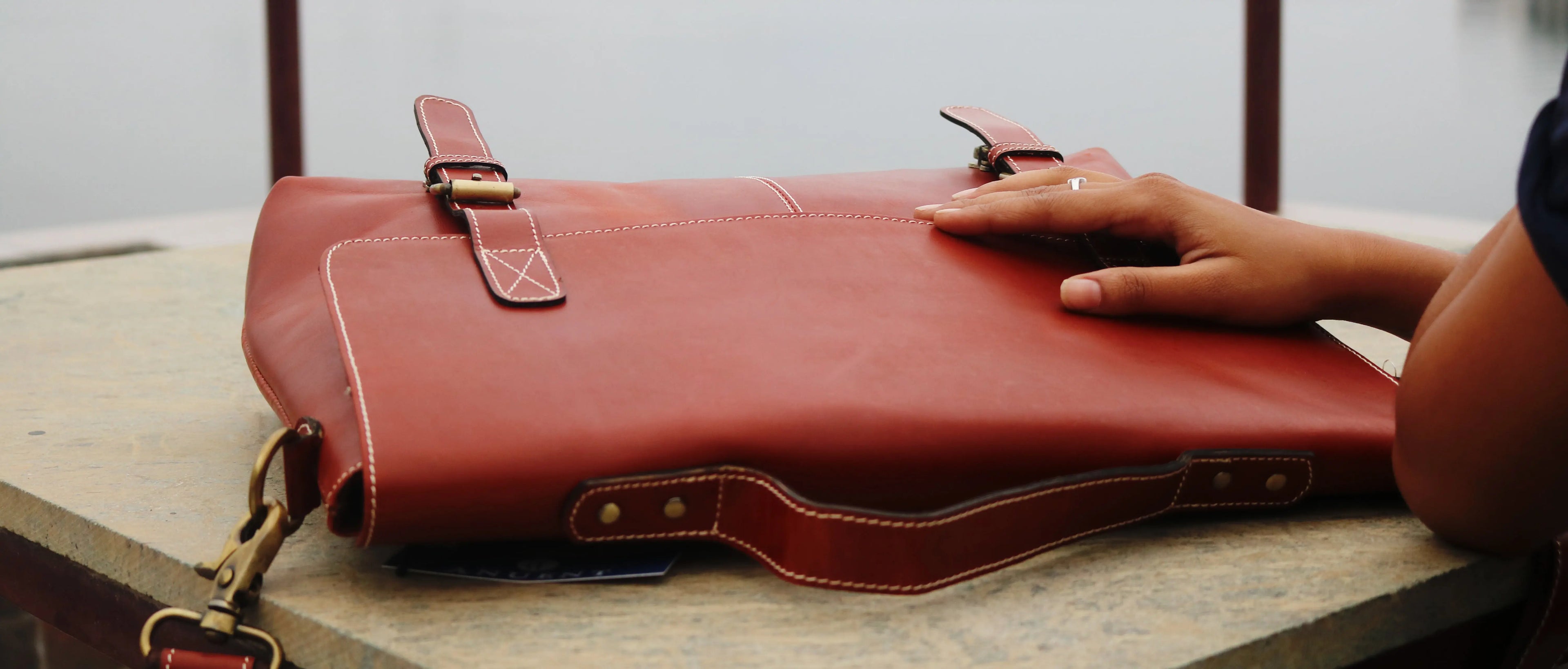 Handcrafted Leather Laptop Messenger Bag with Orange Handle - Sierra Leather Co.