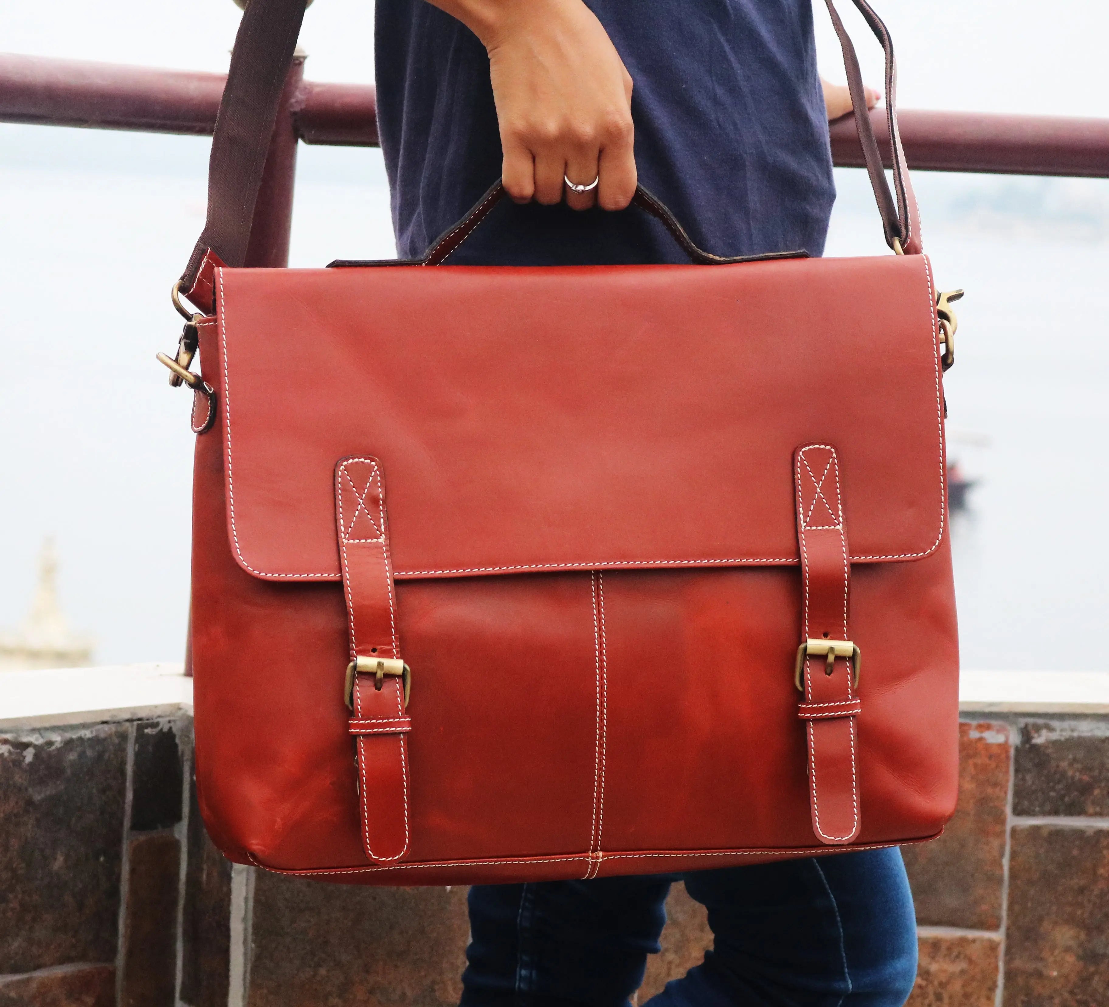 Handcrafted Leather Laptop Messenger Bag with Orange Handle - Sierra Leather Co.