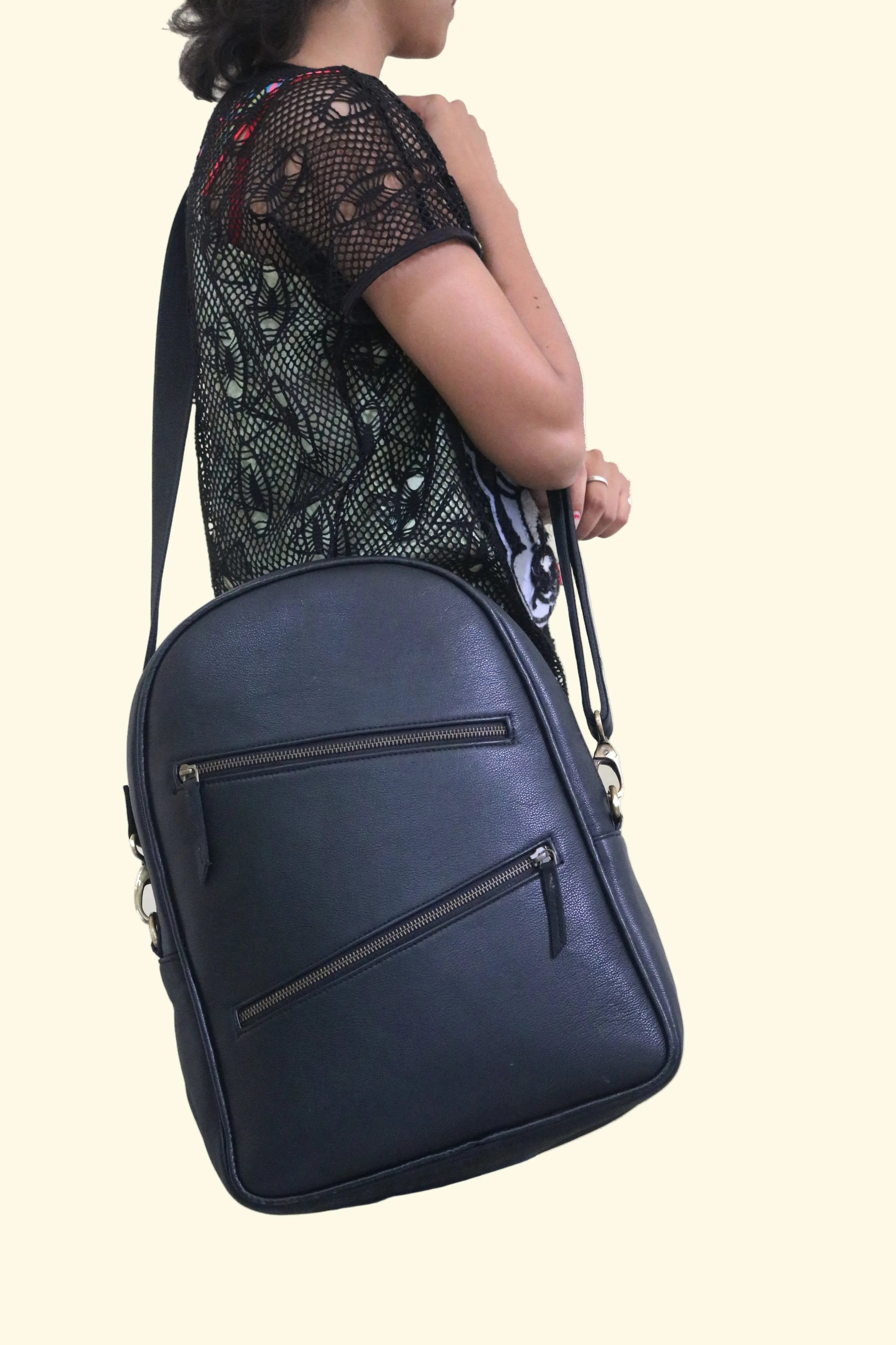 crossbody and backpack leather Handcrafted Black Leather Backpack