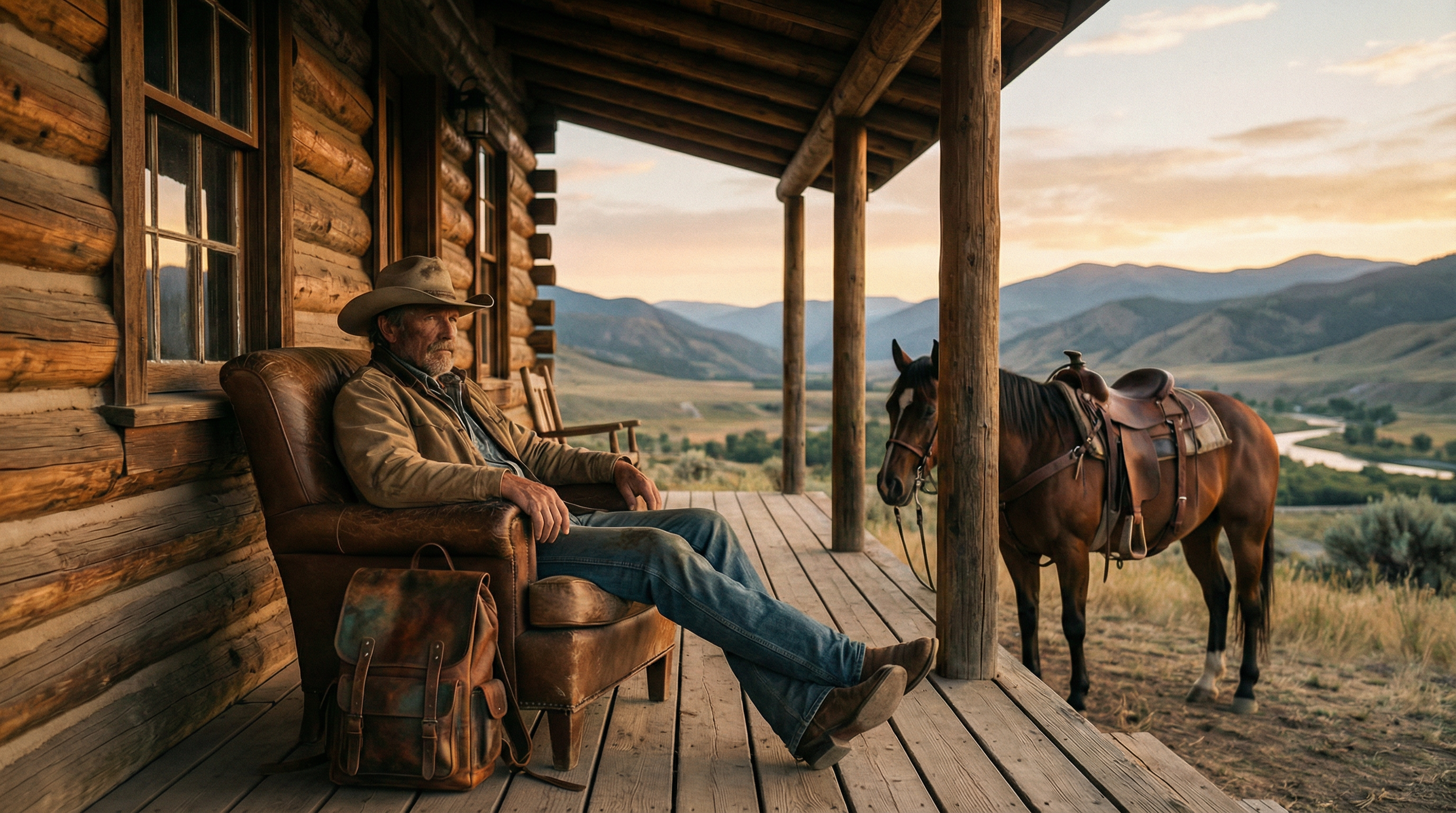 Man sitting on a wooden porch with a horse, surrounded by a scenic mountain landscape.
